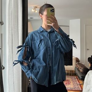 Bow tied sleeve Jean button up shirt